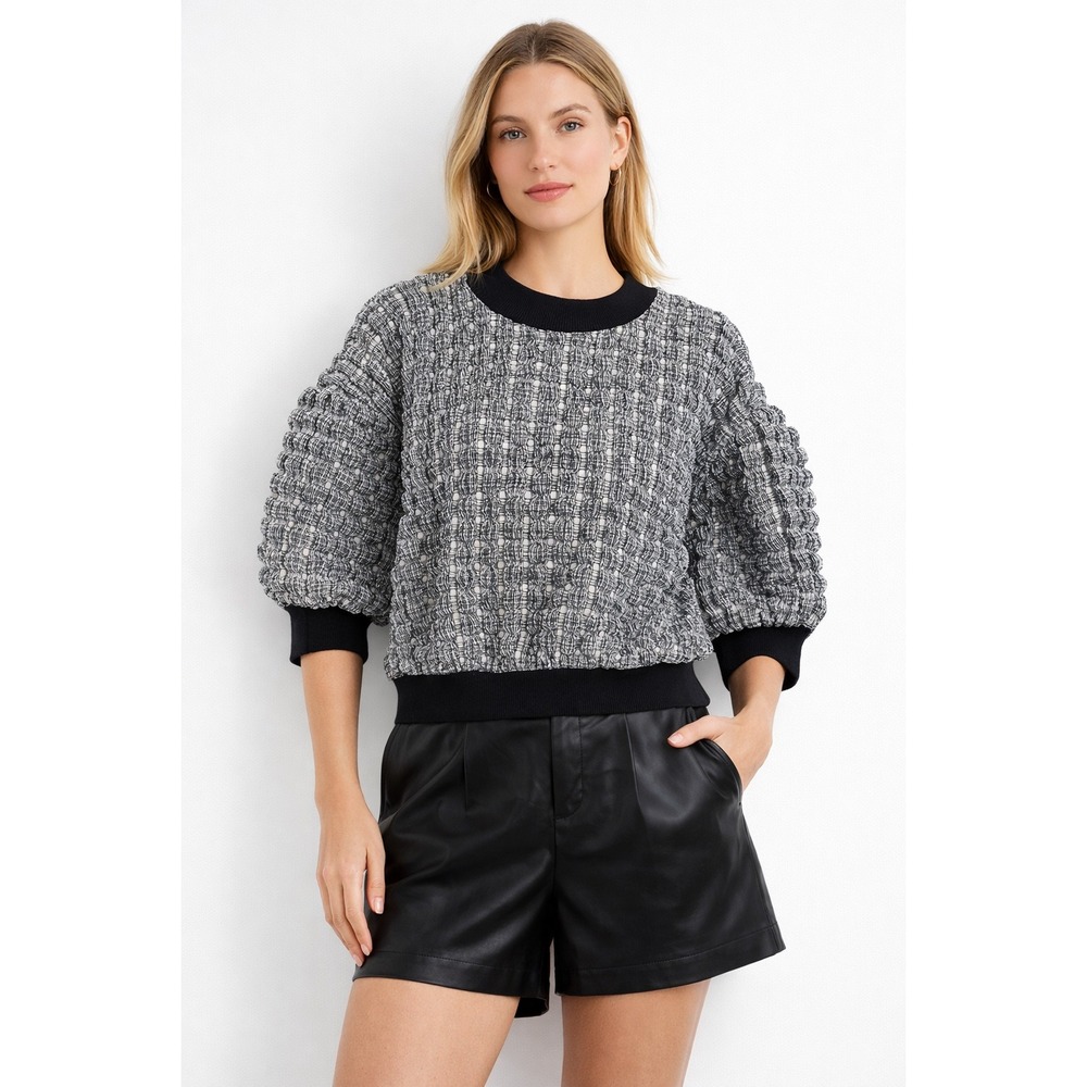 Maeve Anthropologie Textured Puff Sleeve Top XS Black Cropped Sweater